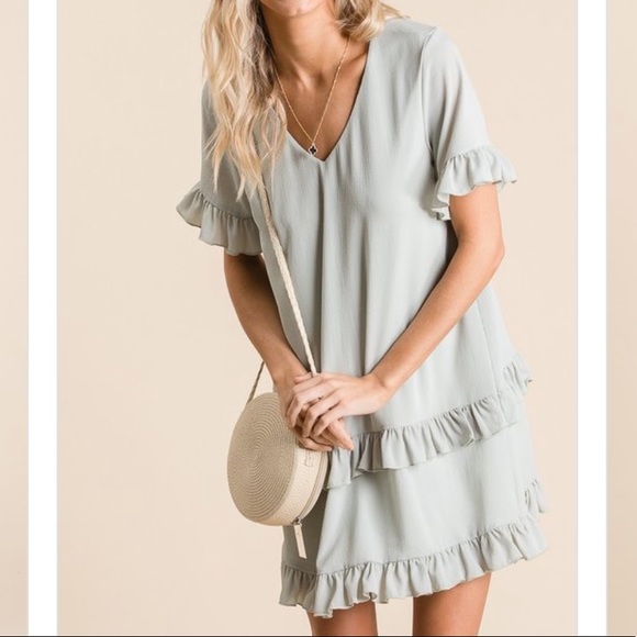 ✨SAGE GREEN WOVEN RUFFLED DETAILED DRESS - Picture 1 of 10